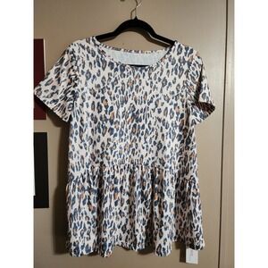 Hibluco Leopard Print Peplum Top Medium Tan Black